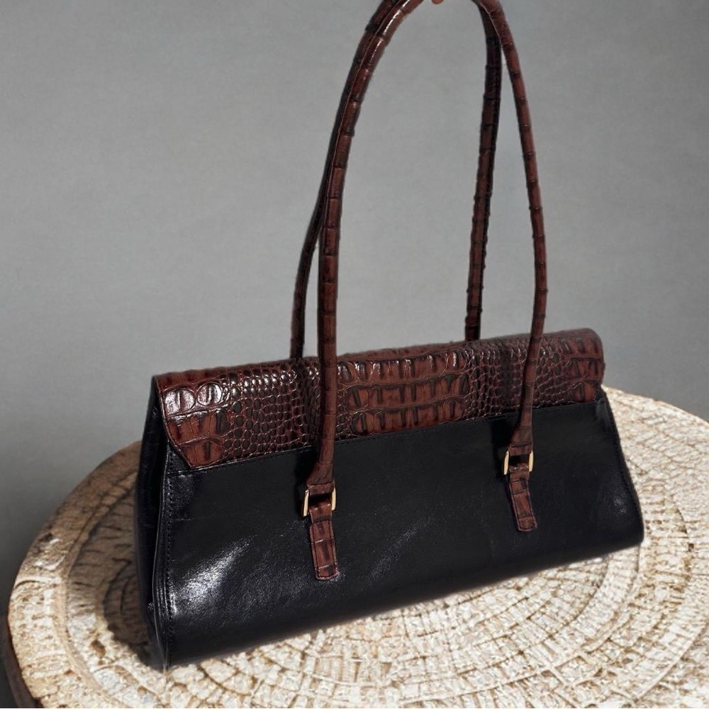 Vintage Brahmin Tuscany Collection Croc Embossed Leather Satchel Black Brown GUC - Picture 3 of 16